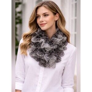 Crochet Knit Striped Scarf Shimmering Gray & White Textured EUC